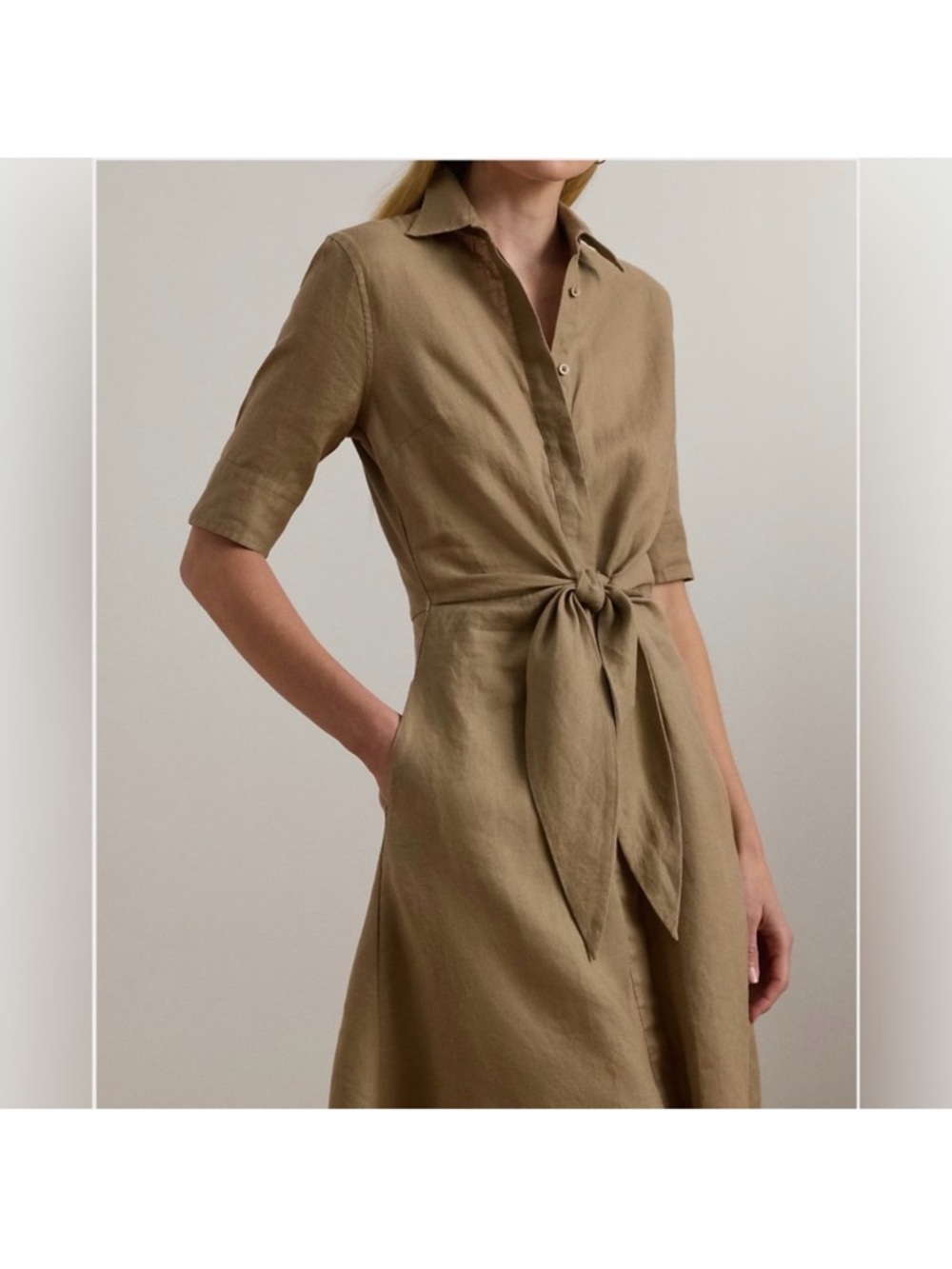 Ralph Lauren Taupe Tie-Waist Midi Shirt Dress